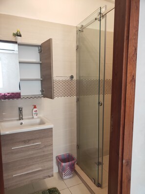 Hair dryer, towels, soap, toilet paper