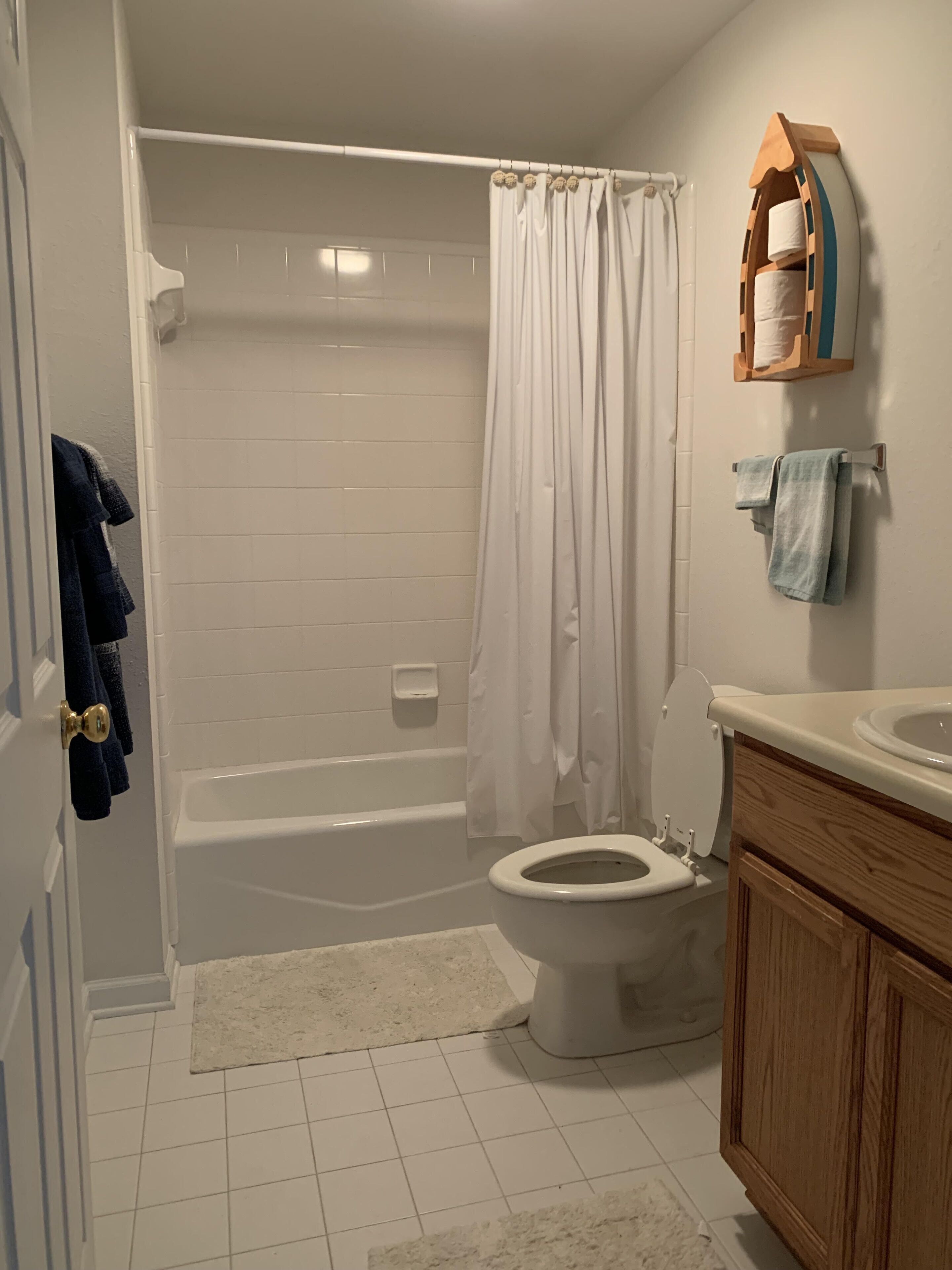 Hair dryer, towels, soap, toilet paper