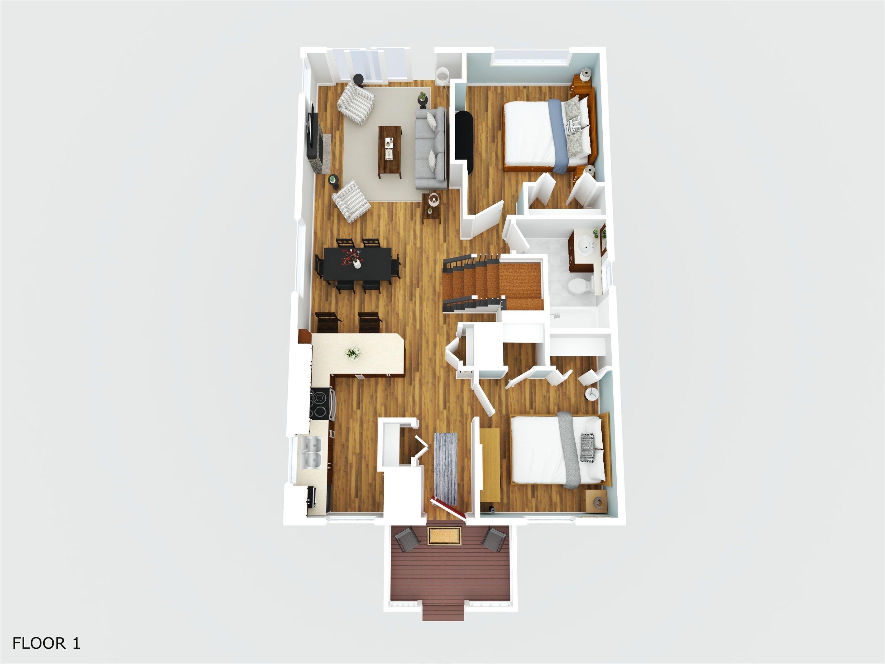 Grundriss einer 1-Zimmer-Wohnung mit Wohnzimmer, Essbereich, Küche und einem kleinen Balkon.