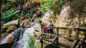 A wooden bridge over a waterfall with a wooden walkway and stairs leading up to it. - Parkers Motel (Lincoln)