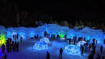 Un jardín de esculturas de hielo con estructuras iluminadas y visitantes.