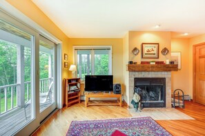 TV, fireplace, books, stereo