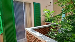 A balcony with green shutters, a brick wall, and potted plants. - SE019 - Senigallia, delightful townhouse with portico (Senigallia)