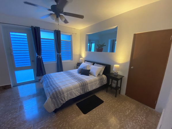 1 bedroom, desk, iron/ironing board, travel crib