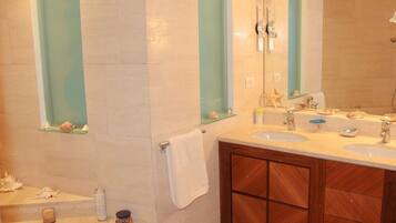 Shower, hair dryer, bidet, towels