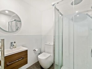 Shower, eco-friendly toiletries, hair dryer, towels