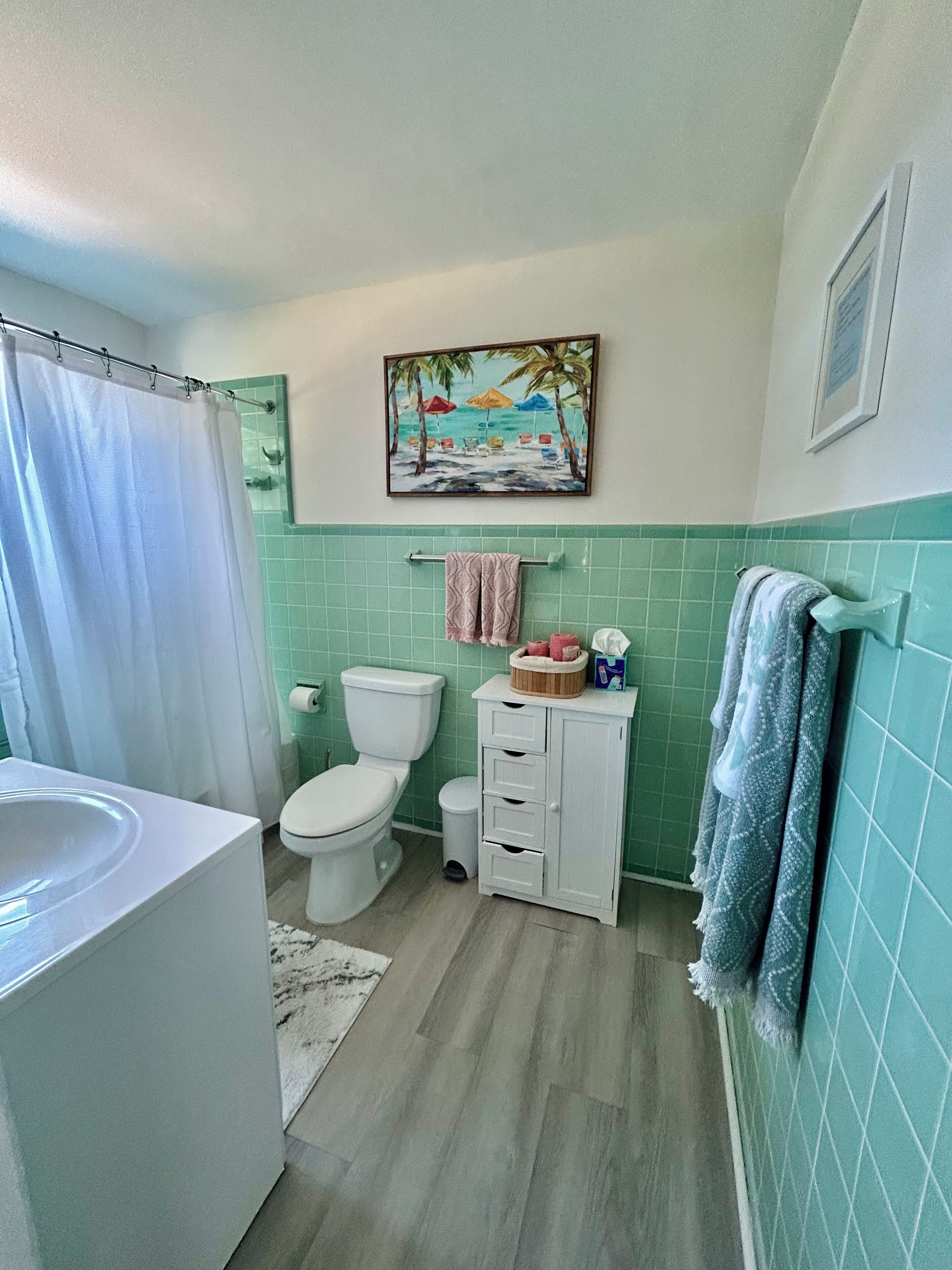 Een badkamer met toilet, wastafel en een schilderij van een strand.