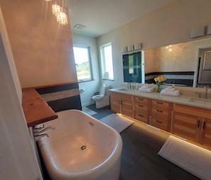 Hair dryer, towels, soap, toilet paper