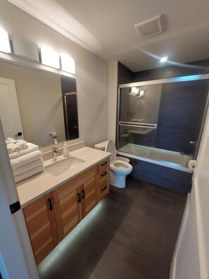 Hair dryer, towels, soap, toilet paper