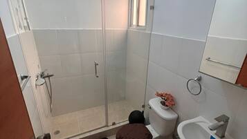 Shower, jetted tub, hair dryer, towels