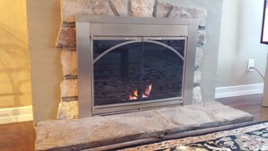 A stone fireplace with a glass door, a rug in front, and a power outlet on the wall. - Your Home in Monterey, CA (Monterey)