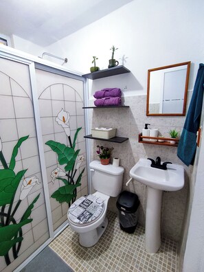 Hårtork, handdukar, tvål och schampo