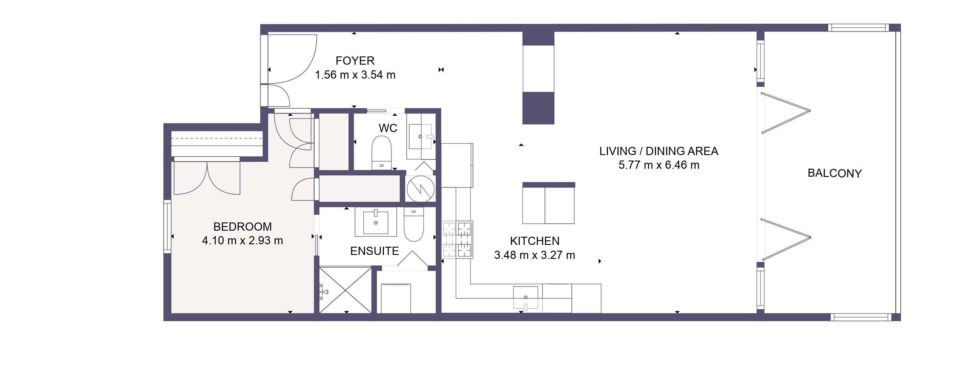 Plano de planta de una habitación de hotel que incluye dormitorio, baño privado, kitchenette, sala de estar/comedor, balcón y vestíbulo.