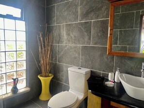 Douche, séchoir à cheveux, serviettes fournies, savon