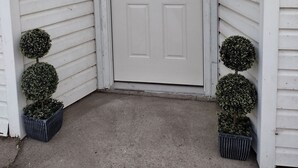 Une porte blanche avec un bouton de porte noir, flanquée de deux arbustes taillés en forme de cône, plantés dans des pots.