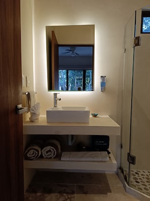 Shower, hair dryer, towels, soap