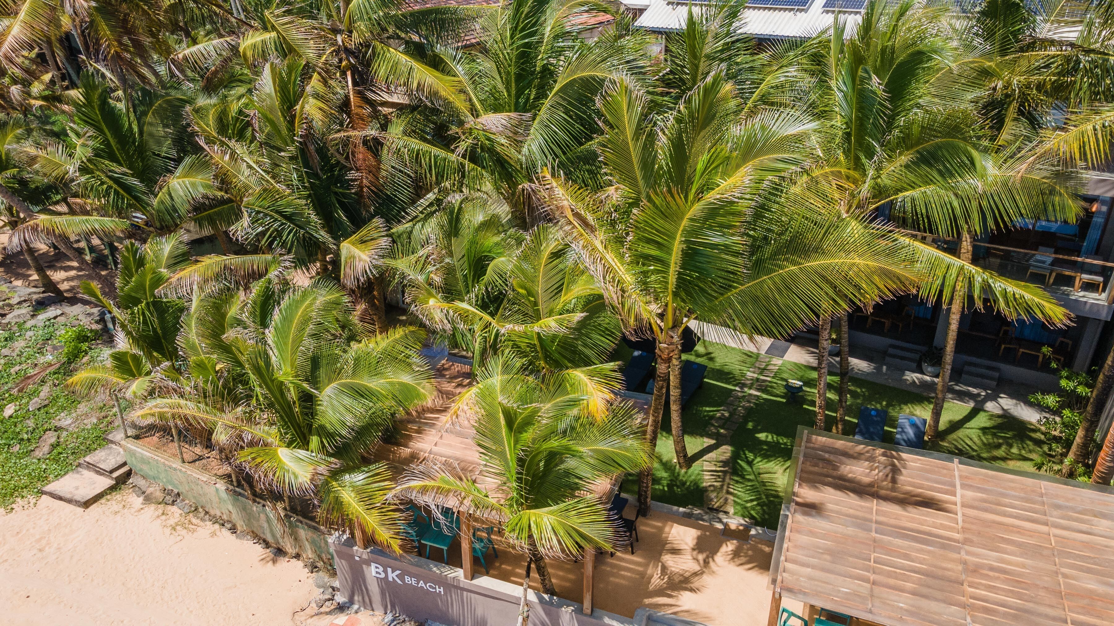Un resort tropical con palmeras, una playa de arena y un letrero que dice 'BK Beach'.