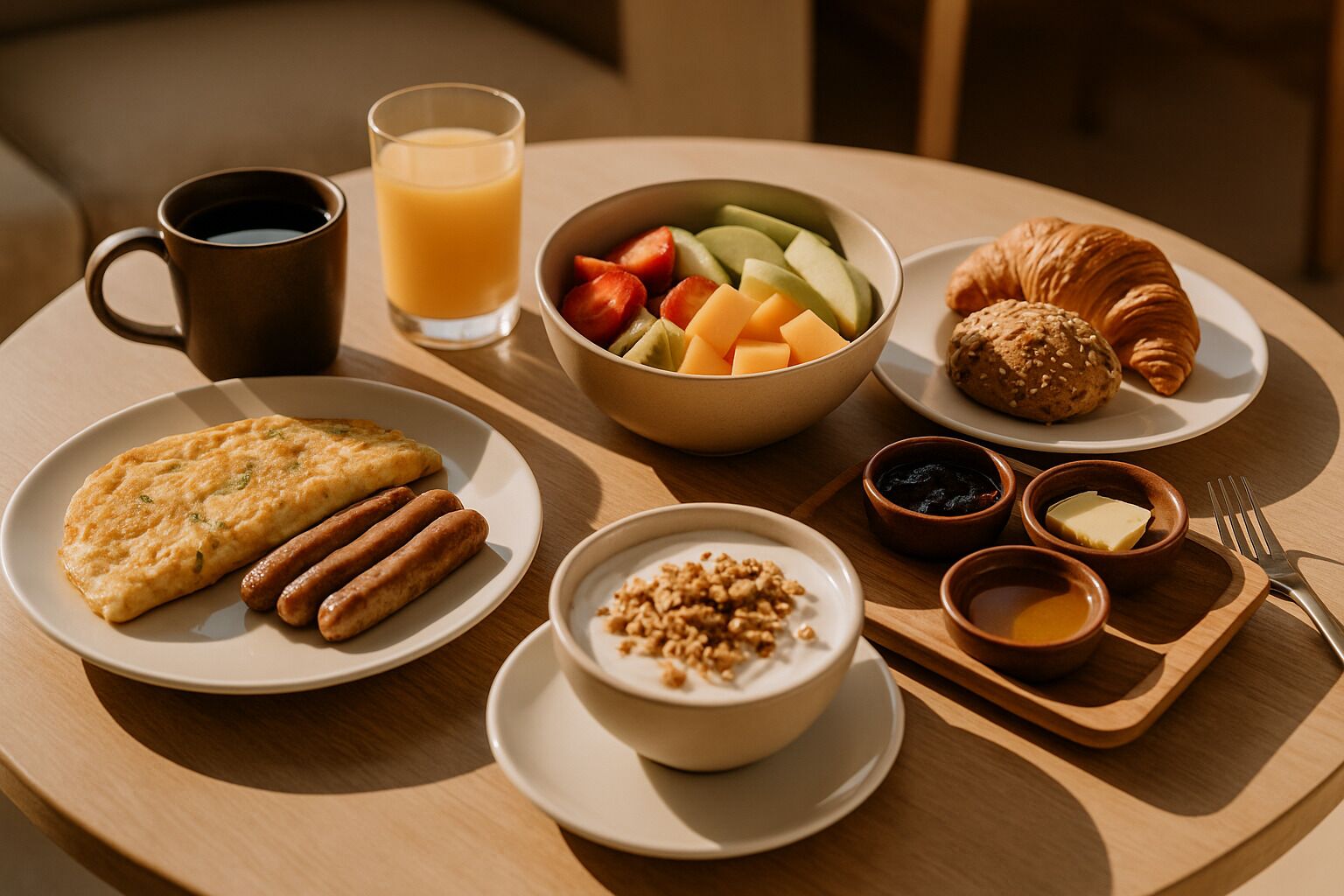 Een ontbijtbakje met croissants, fruit, yoghurt en een warme drank.