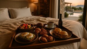 A breakfast tray with eggs, croissants, muffins, and fruit on a bed with a view of mountains. - Onym Curated Villas (Naxos)