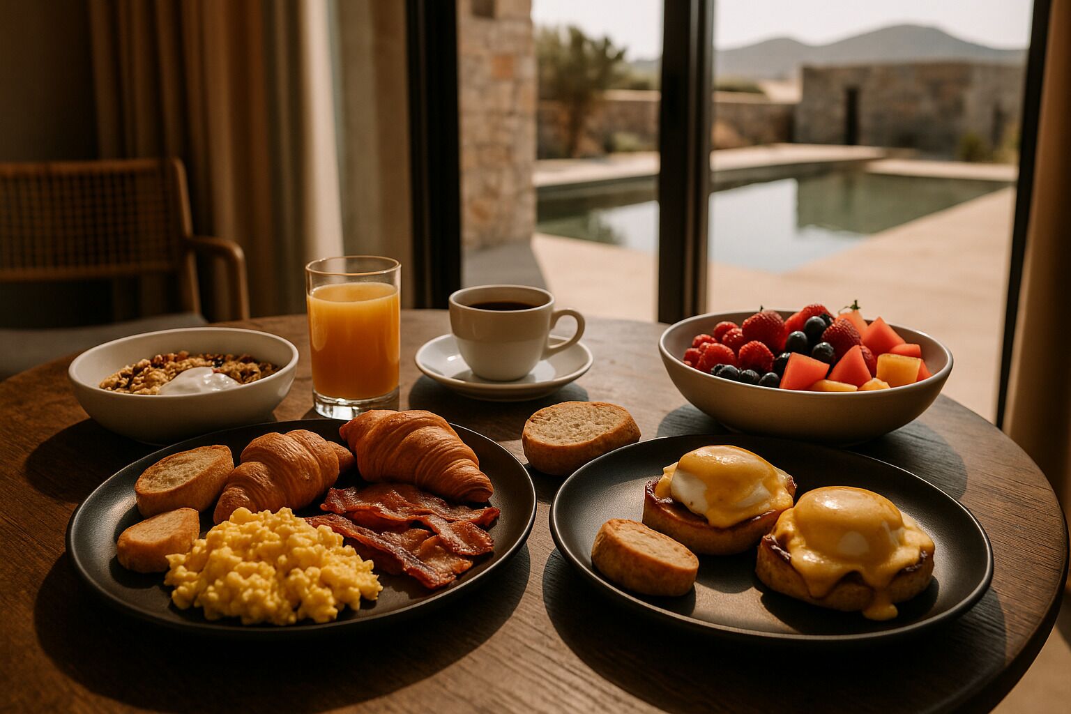 Une table de petit-déjeuner avec des croissants, des œufs brouillés, des saucisses et des toasts, ainsi qu’un bol de fruits et un verre de jus d’orange.