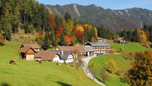 A rural village with traditional houses, a restaurant, and a mountain backdrop. - Bed&Breakfast Lausegger (Ferlach)
