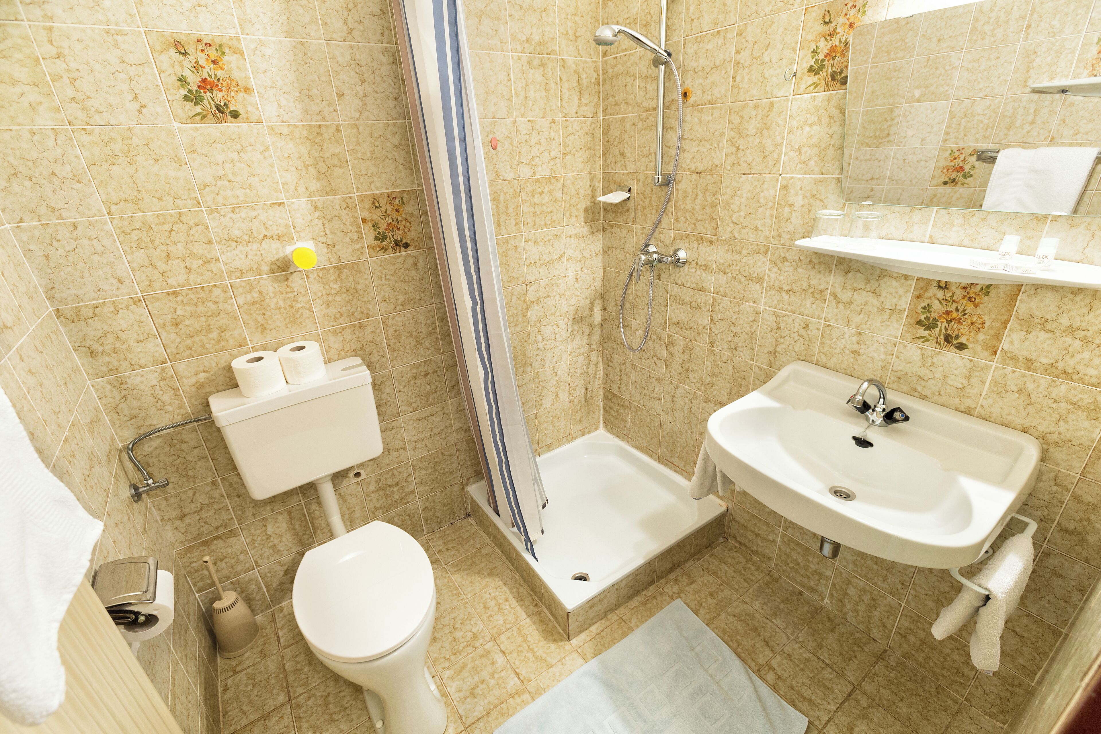 A bathroom with a toilet, sink, shower, and a mirror.