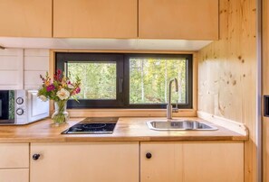 Réfrigérateur, four à micro-ondes, surface de cuisson, cafetière-théière