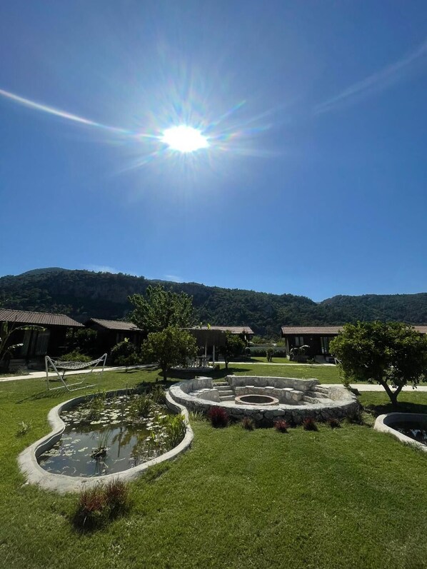 A sunny outdoor area with a circular stone structure, a small pond with lily pads, and a grassy lawn. - Alicra Hotel Çıralı (Kemer)