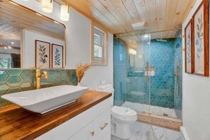 Shower, hair dryer, towels, shampoo - Stunning Pocono Modern | Firpits | Pets OK (Barrett Township)