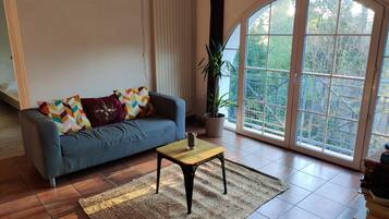 TV connectée, cheminée, table de tennis de table, livres