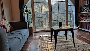 TV connectée, cheminée, table de tennis de table, livres