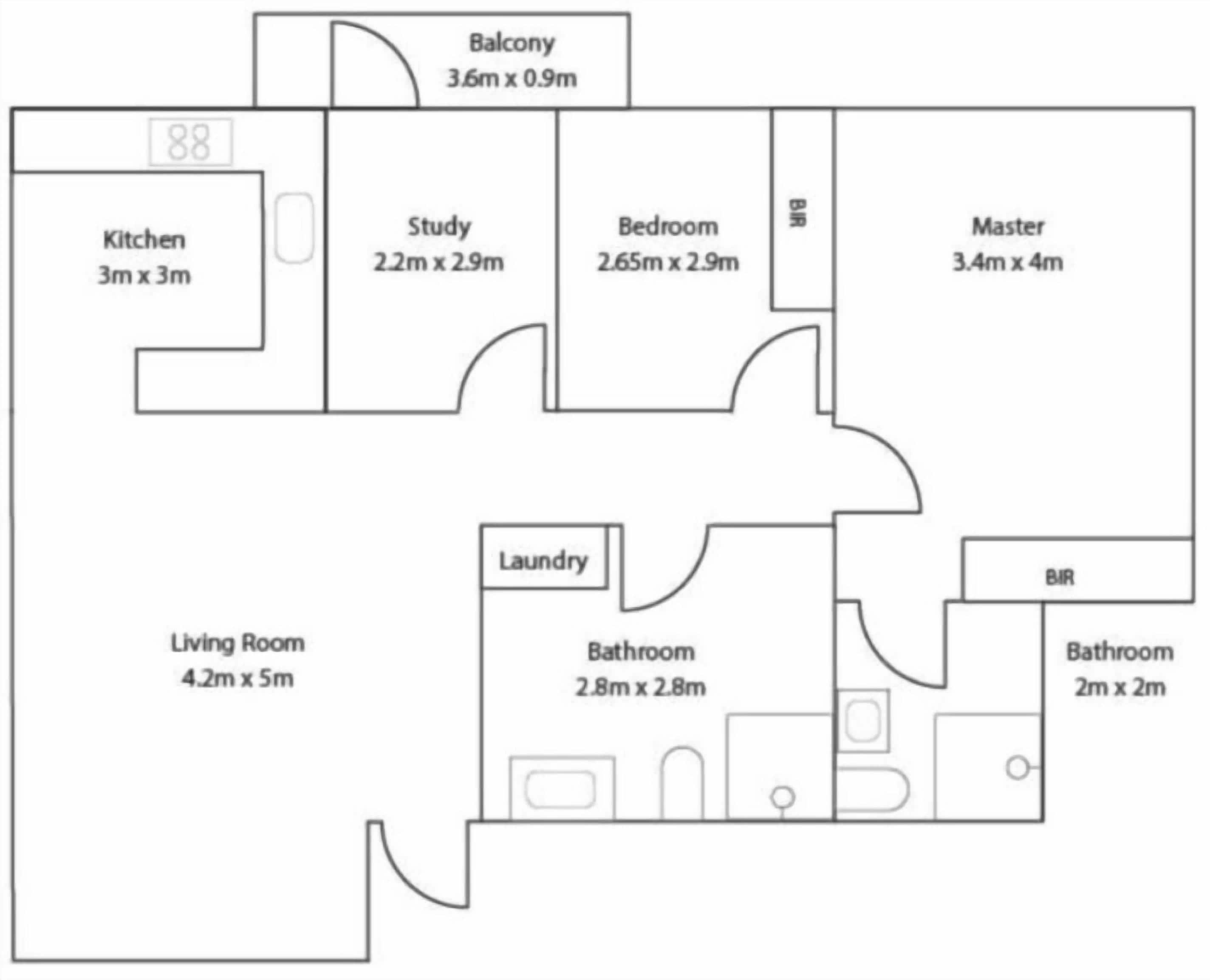 Ein Grundriss mit Küche, Arbeitszimmer, Schlafzimmer, Hauptschlafzimmer, Wohnzimmer, Balkon, Waschküche und zwei Bädern.