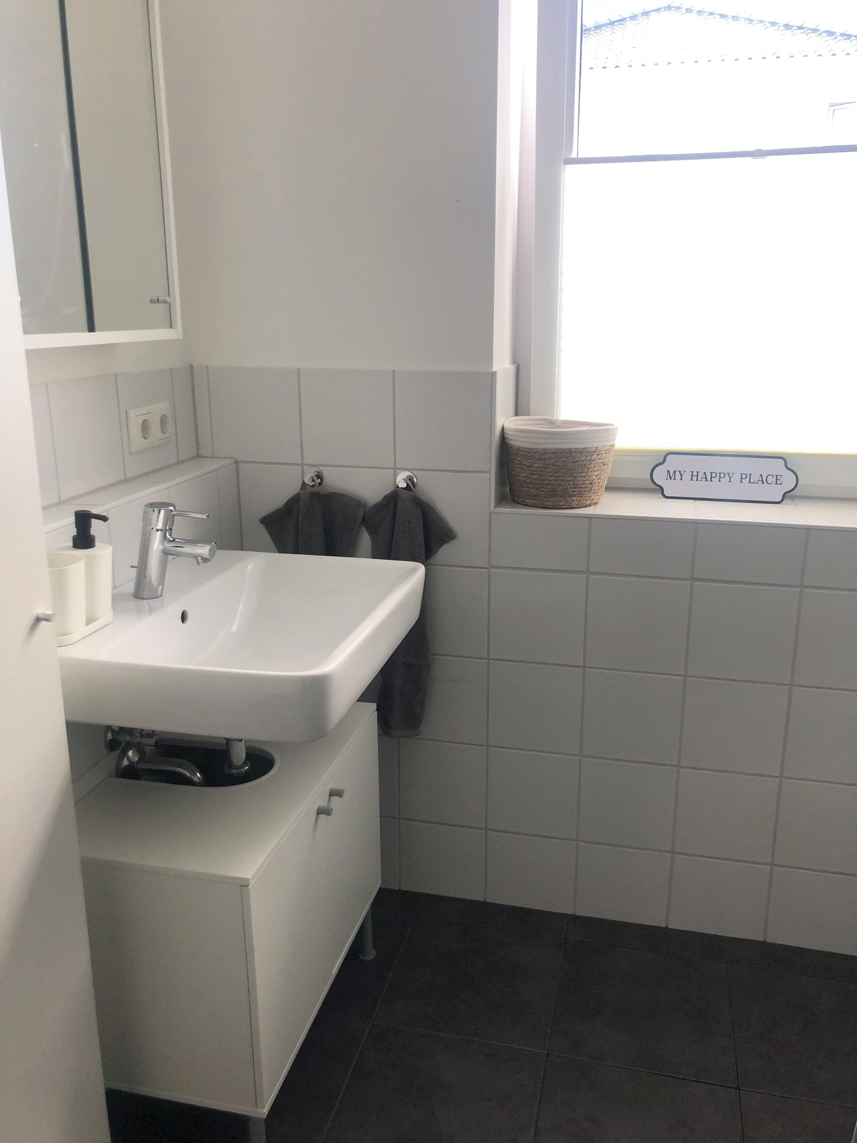 A bathroom with a white sink, a mirror, and a window with a view.