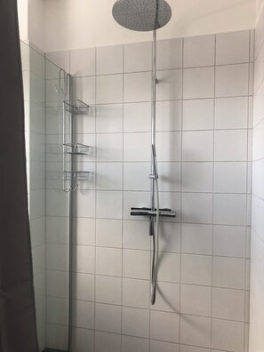 Shower, hair dryer, towels, toilet paper