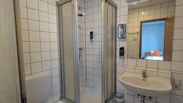 A modern bathroom with a glass-enclosed shower, a white toilet, and a sink with a mirror above it.