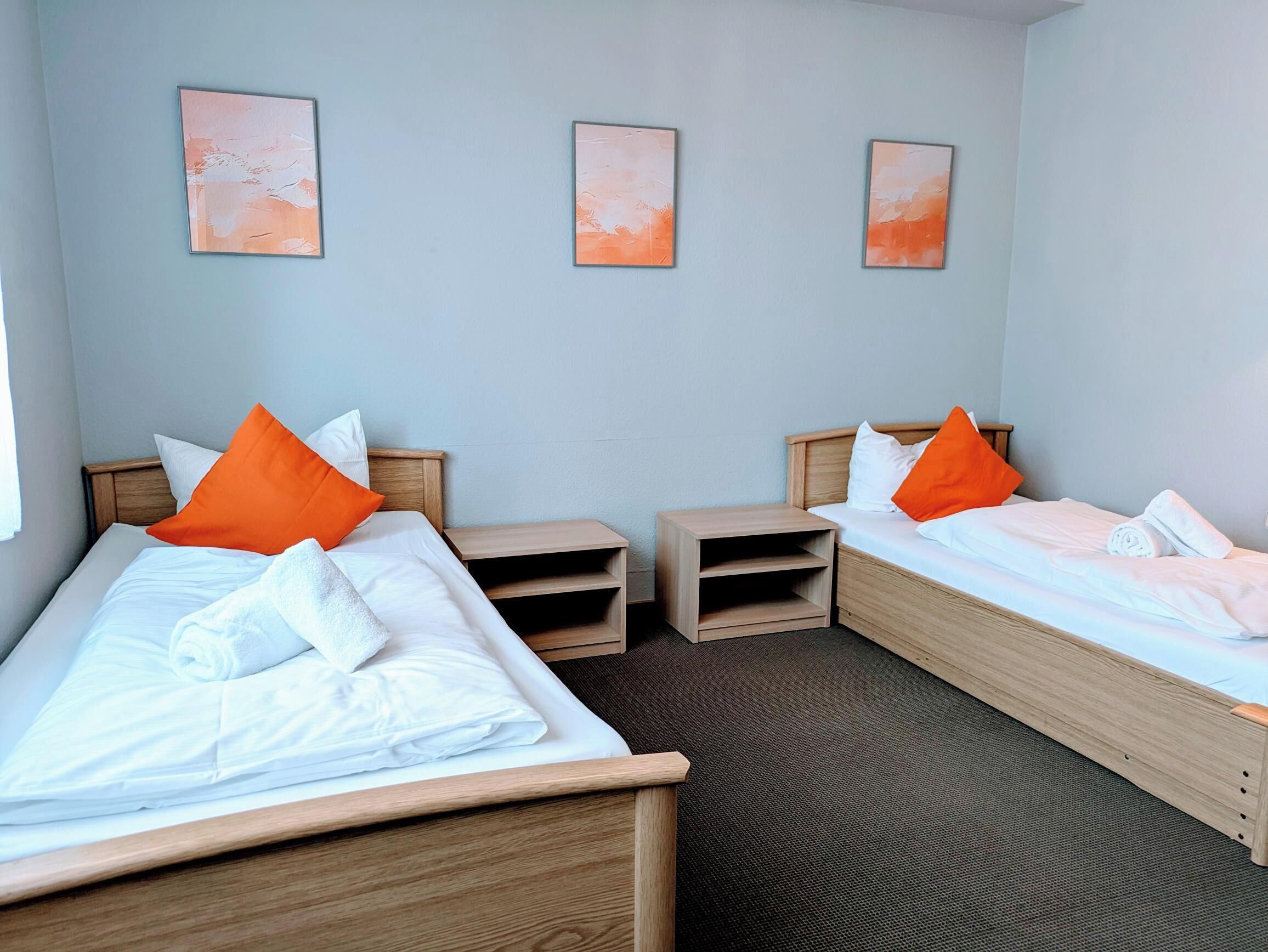 Habitación básica con 2 camas individuales | Escritorio y espacio para trabajar con laptop 