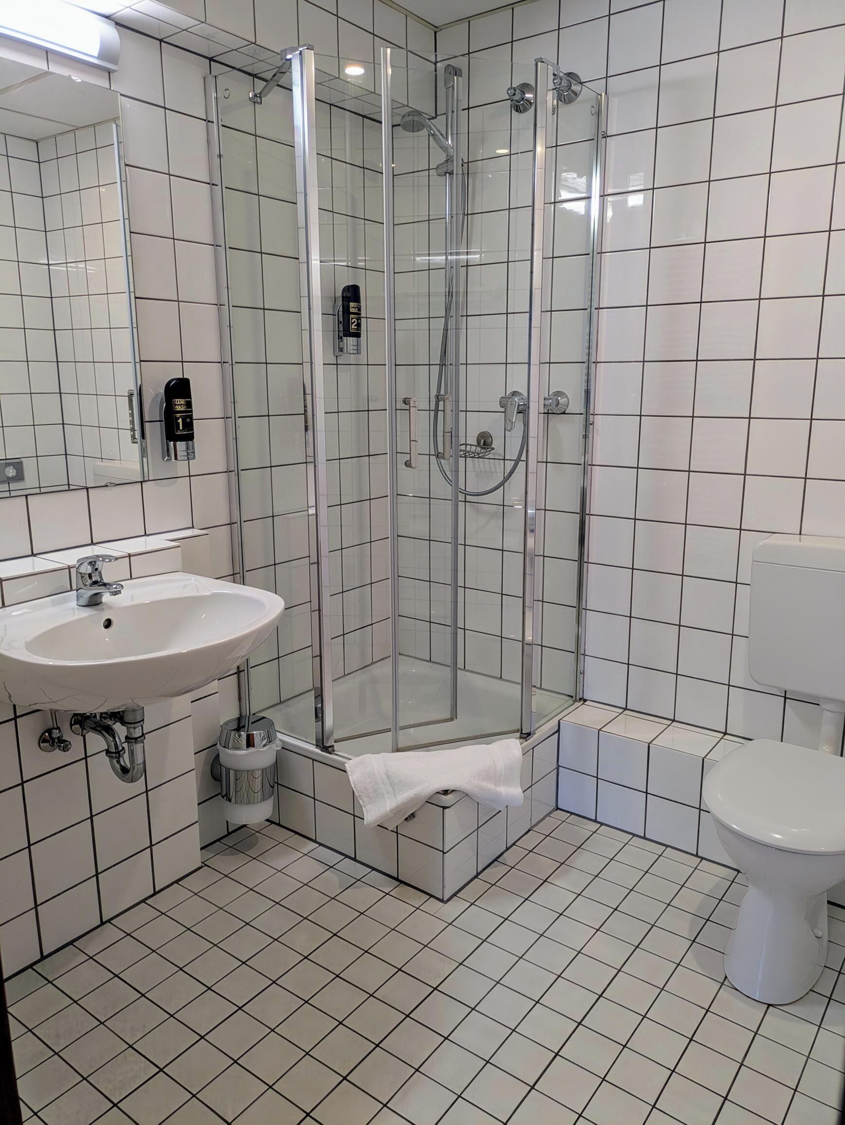 A modern bathroom with a glass-enclosed shower, a sink, and a toilet.