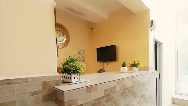 A reception area with a tiled wall, a flat-screen TV, and potted plants. - Chukzie Suites & Apartments (Lagos)