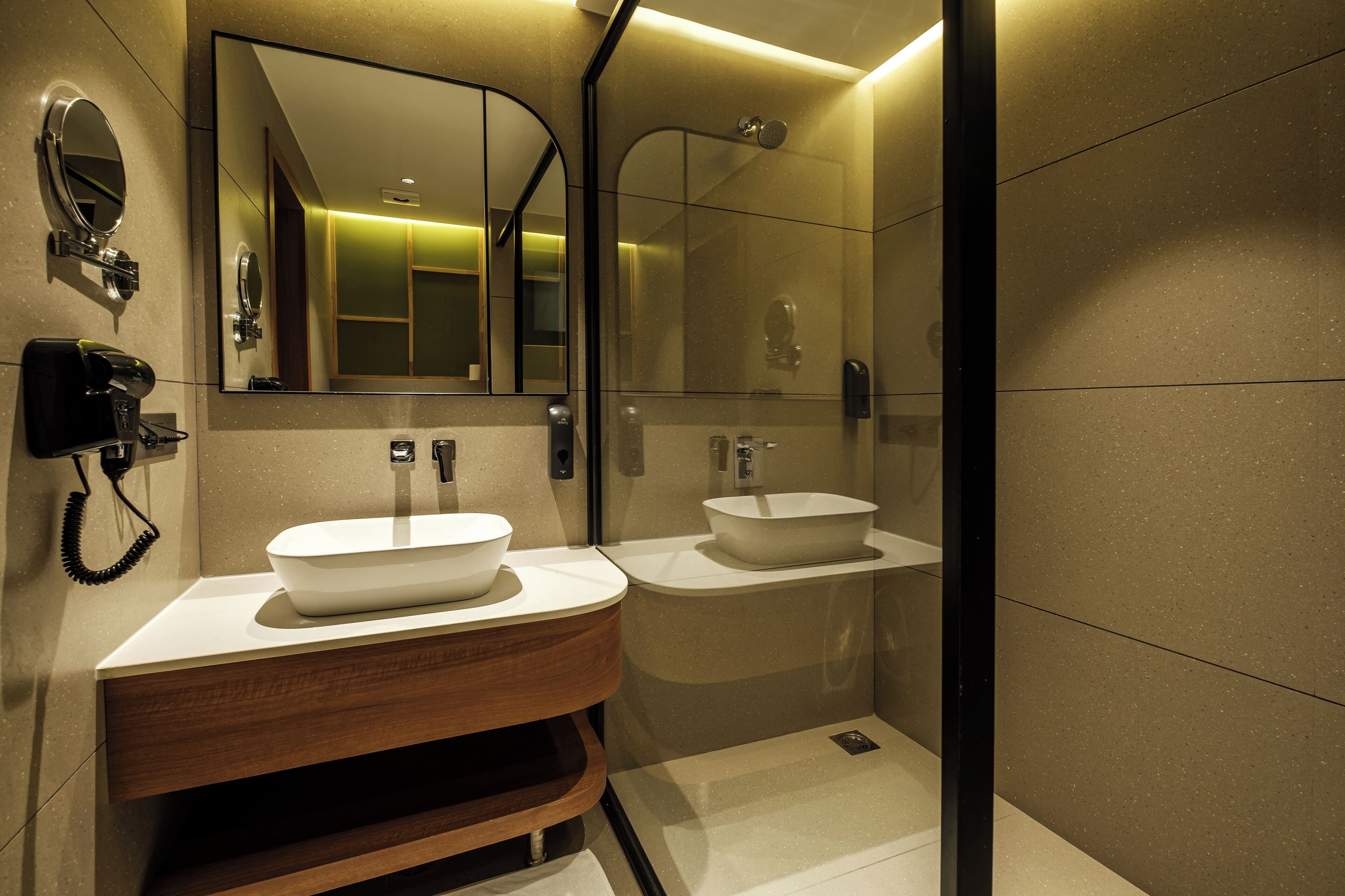 shower, slippers, towels