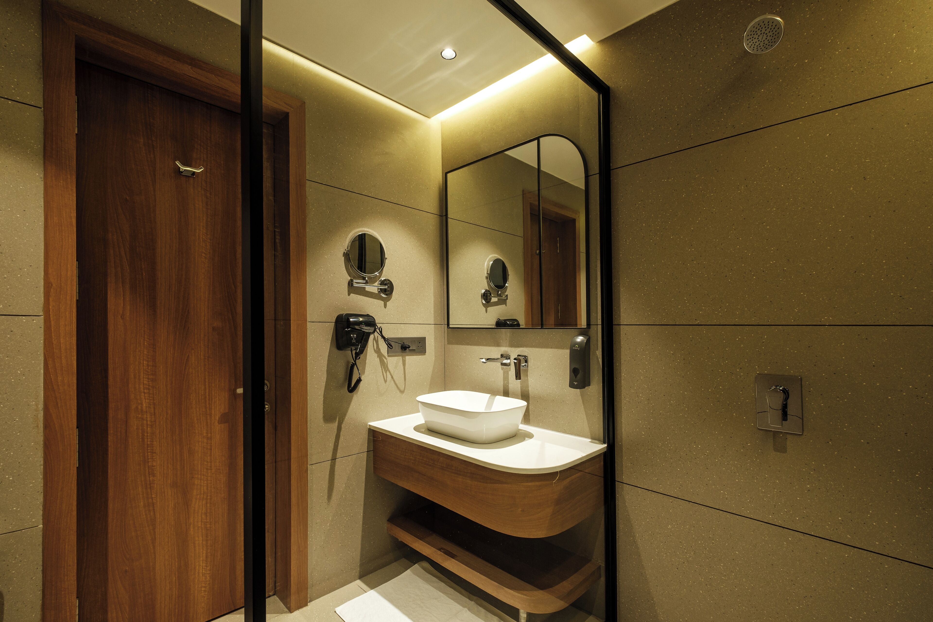 shower, slippers, towels