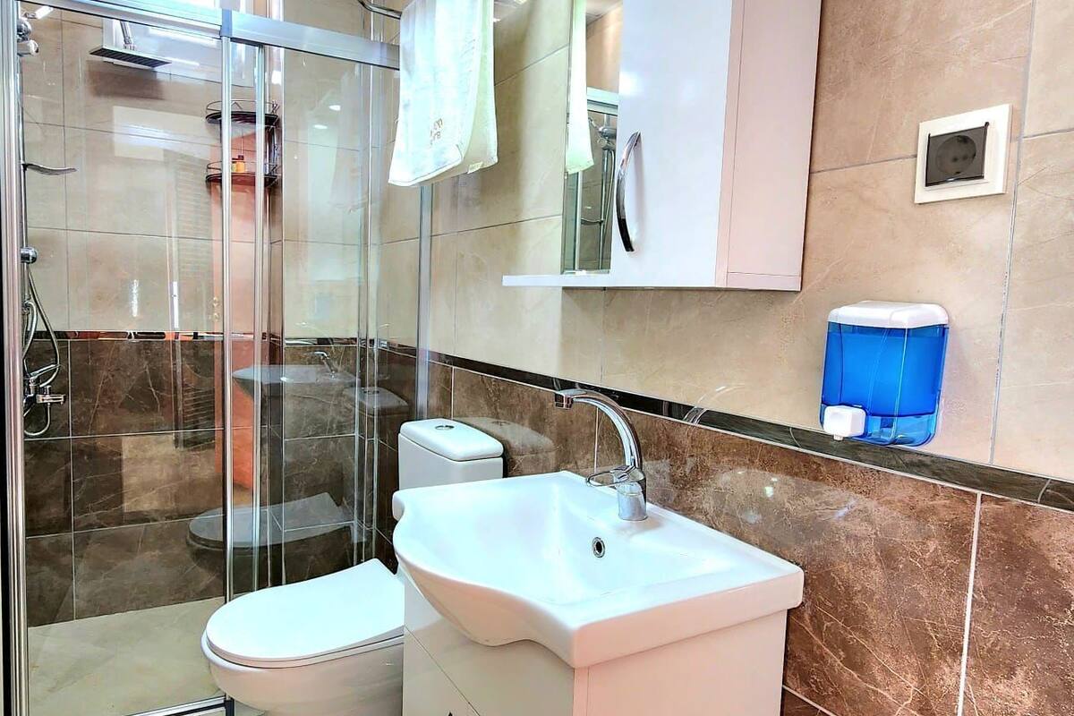 classic single room | bathroom | combined shower/bathtub, hydromassage showerhead, hair dryer, towels
