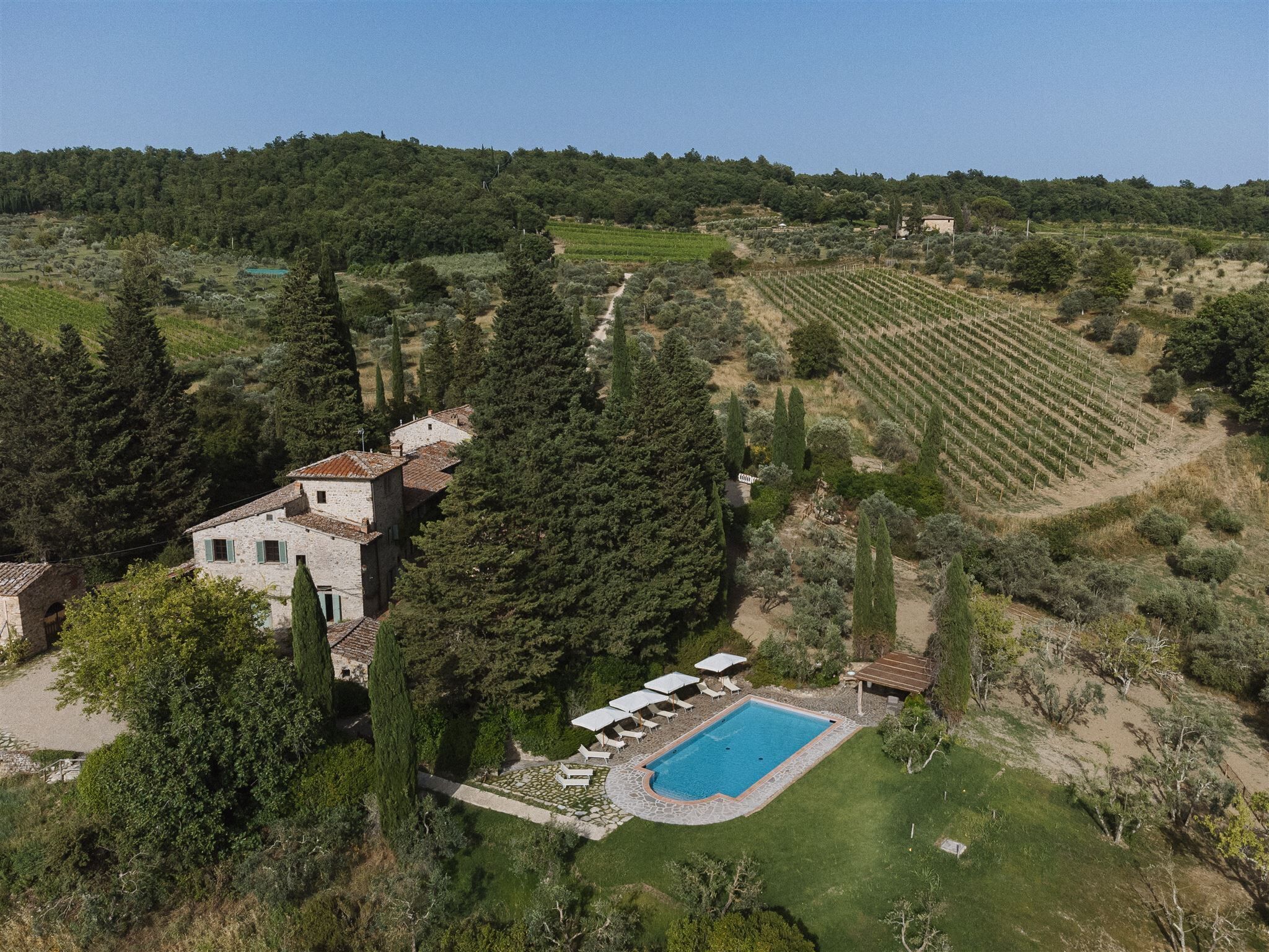 Una villa con piscina rodeada por un jardín y viñedo.