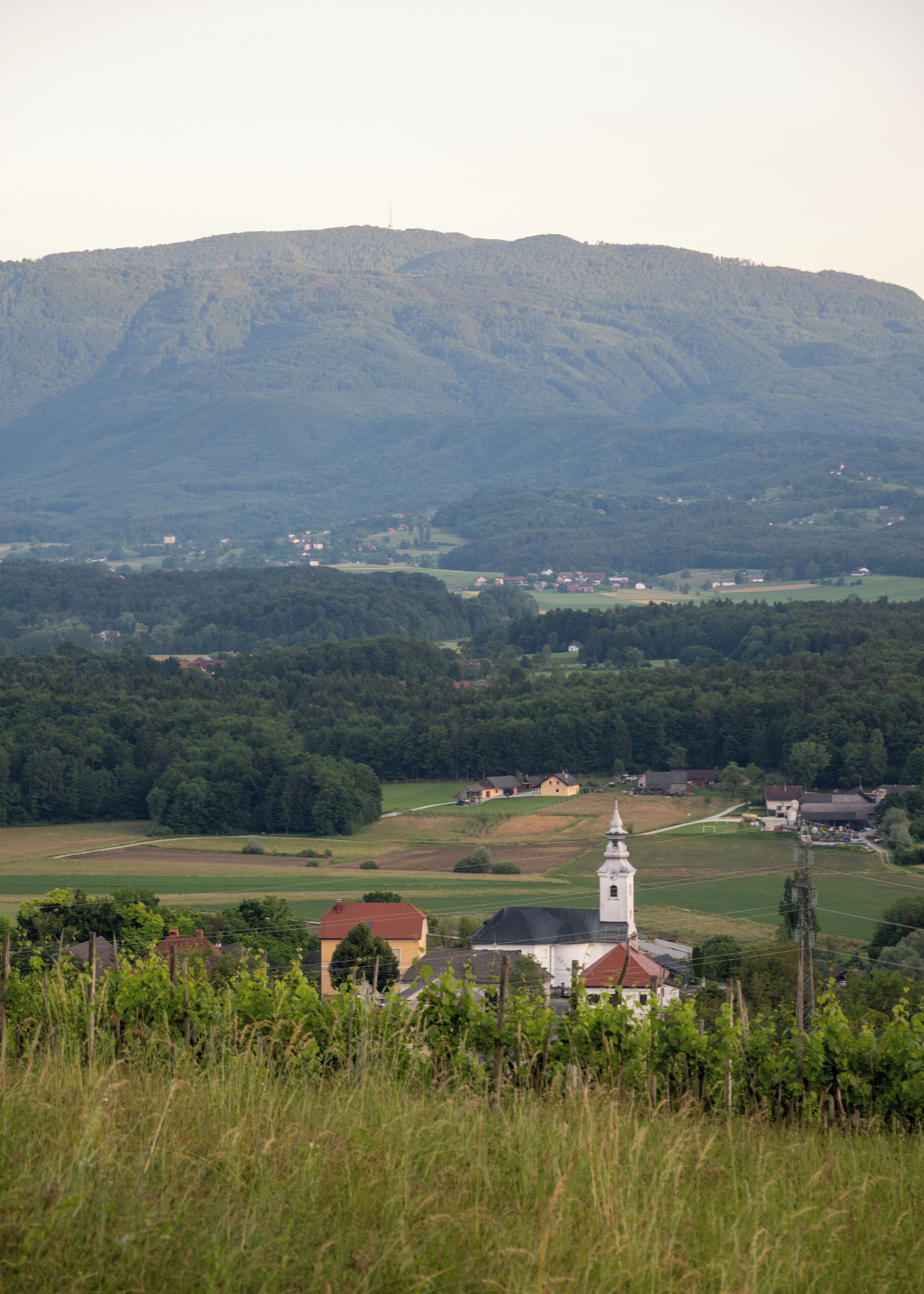 Un paysage rural avec une église, des champs et une montagne en arrière-plan.