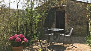 A patio with a table and chairs, surrounded by greenery and a stone wall.