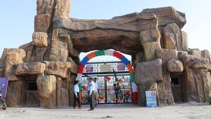 A large rock formation entrance with a colorful archway and a gated area.