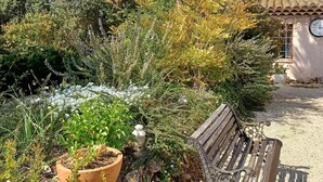 Een tuin met een bankje, een bloempot en een gebouw met een klok.