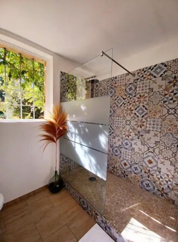 Un baño con un ventanal grande, una ducha con diseño de mosaicos geométricos y una planta en maceta.