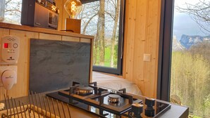 Una cabaña acogedora con interior de madera, estufa a gas, chimenea y un ventanal con vistas al exterior.