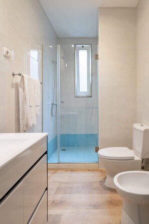 Ducha, secador de pelo, toallas y champú