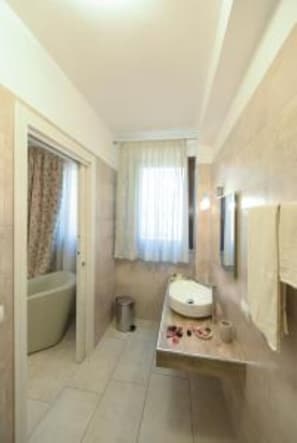 Shower, hair dryer, bidet, towels